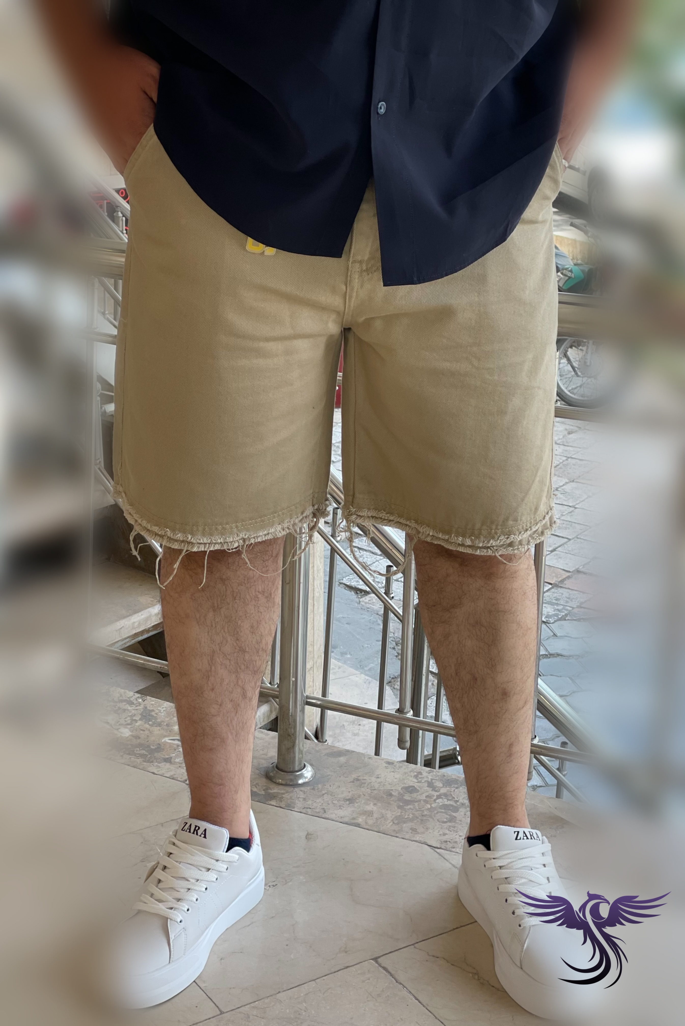 شلوارک جین ساده مردانه رنگ نخودی